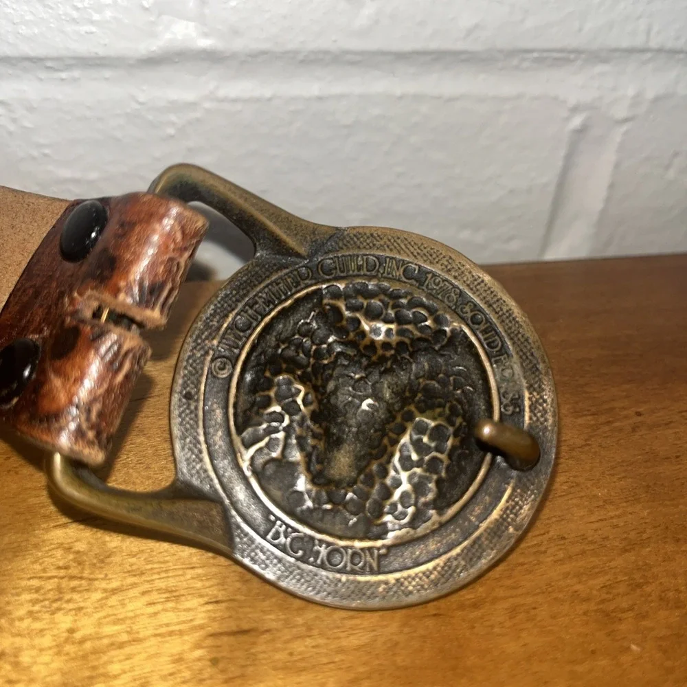 Vintage 1978 Tech Ether Guild Inc 'Big Horn' ram solid brass belt buckle & Belt